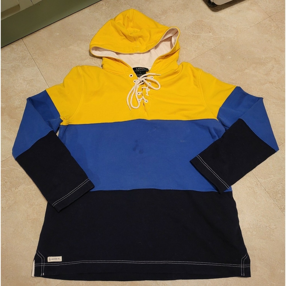 Lauren Ralph‎ Lauren Blue Yellow Colorblock Sweatshirt Hoodie Size L Large